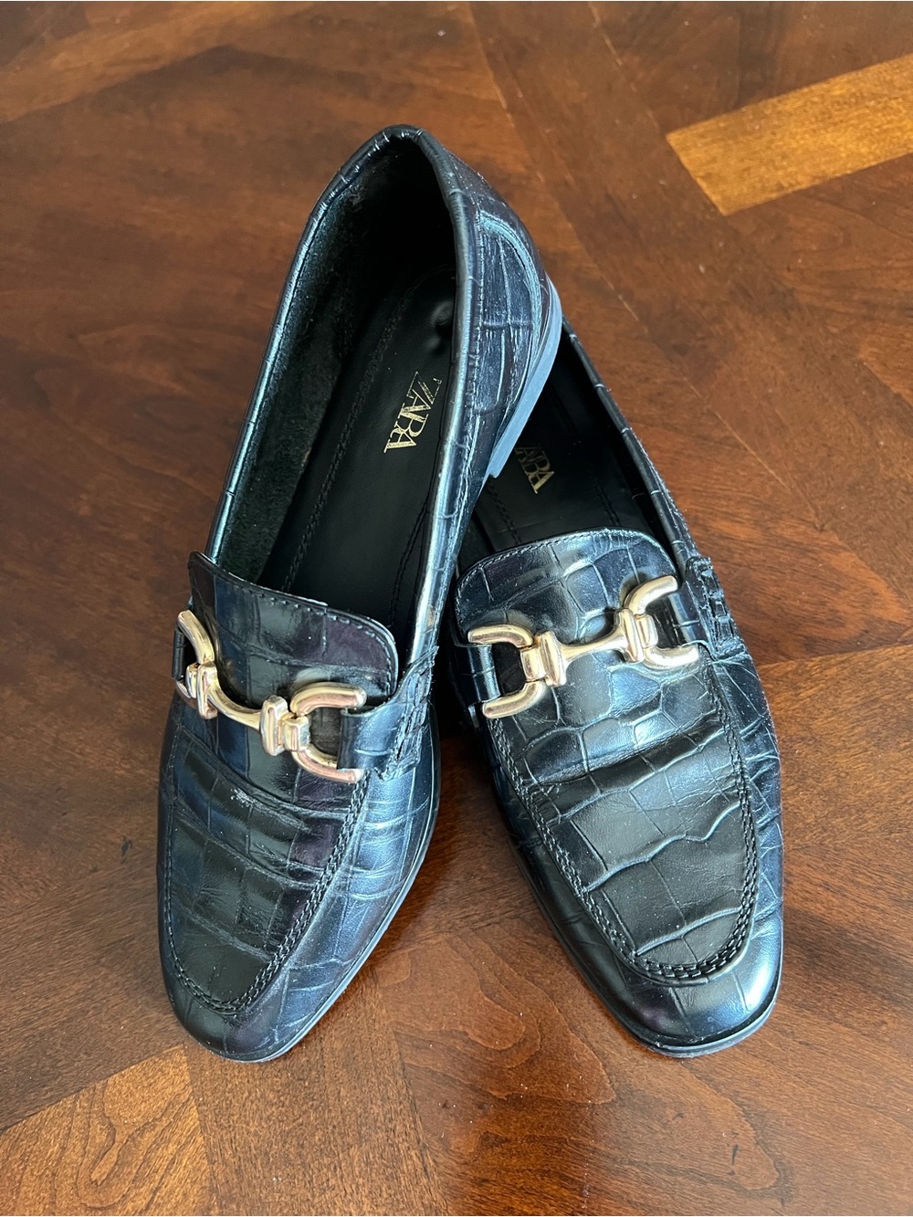 Zara Black Croc-Embossed Loafers with Gold Bit Detail